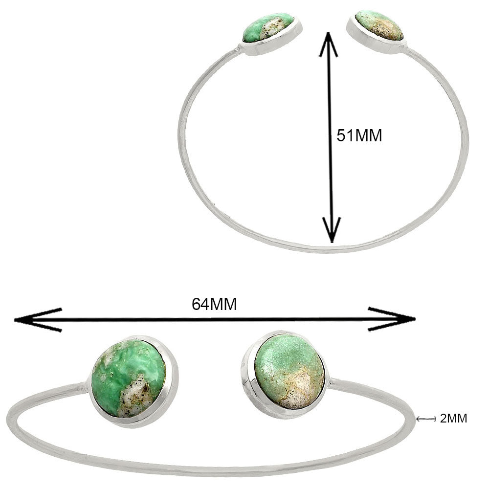 Silver cuff bracelet with two green stone ends, measuring 51mm by 64mm by 2mm.