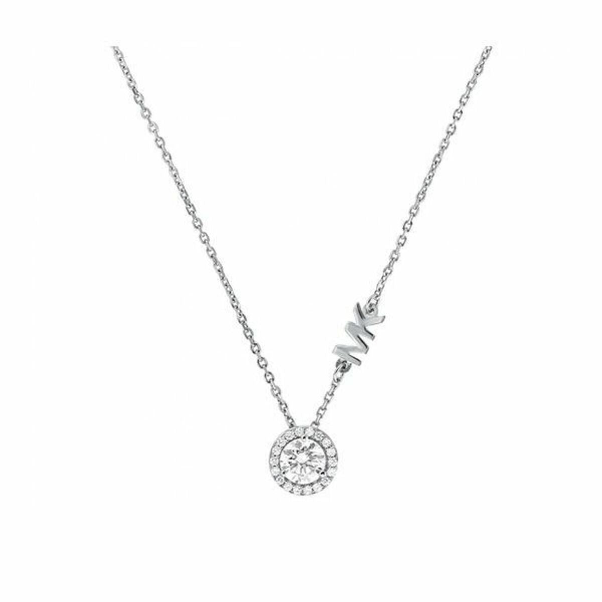 Silver necklace with a circular diamond pendant and "MK" letters, set against a white background.