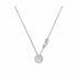 Silver necklace with a circular diamond pendant and "MK" letters, set against a white background.