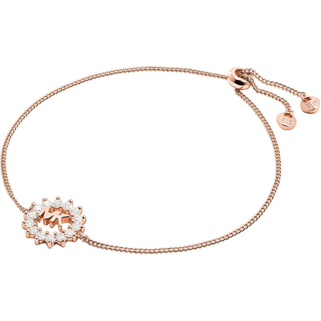 Rose gold bracelet with circular crystal pendant and adjustable chain, featuring small charm details.