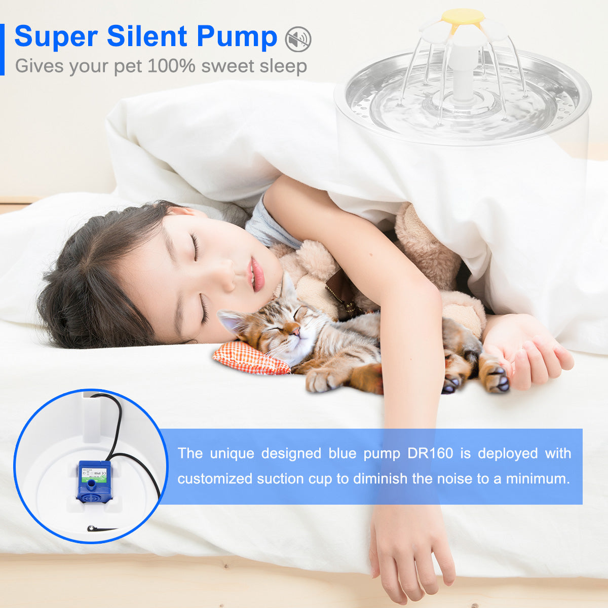 Child and cat sleeping peacefully on white bed; text highlights "Super Silent Pump" feature.