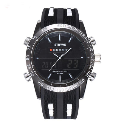 Black and silver digital-analog watch with day display, tachymeter, and black strap.