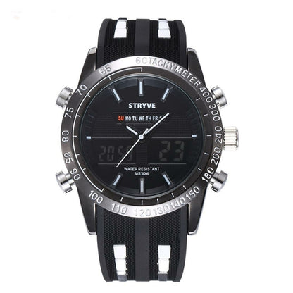 Black and silver wristwatch with day display, tachymeter scale, and black strap.