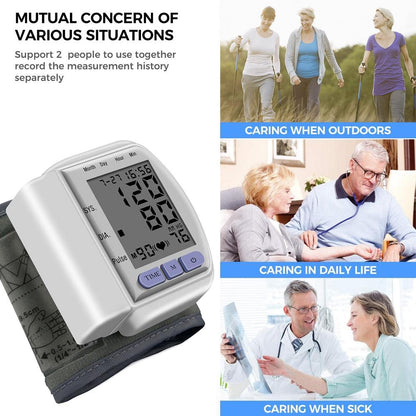 Blood pressure monitor with display; elderly care in outdoor, daily life, and medical settings.