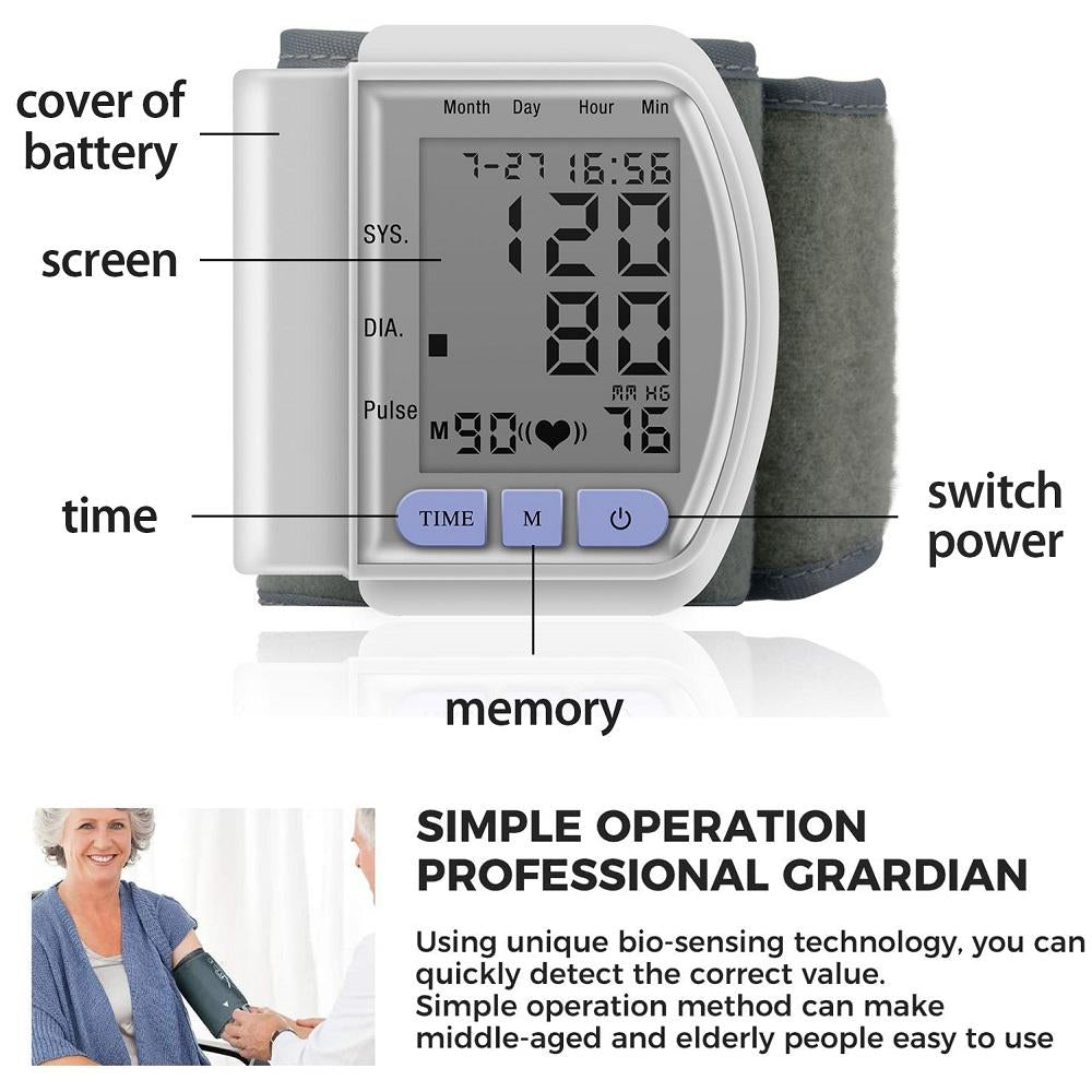 Digital wrist blood pressure monitor with screen, buttons, and labeled features on a grey band.