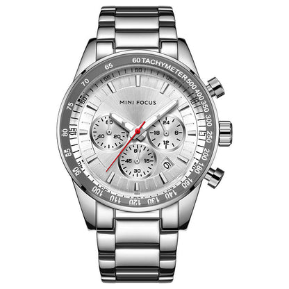Silver chronograph watch with red second hand, three subdials, and tachymeter on the bezel.