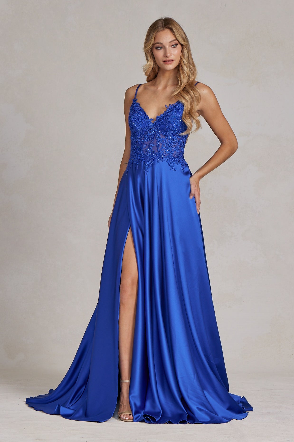 Delicate Lace Embellished A-Line Graduation Satin Gown w/ Side Pockets &amp; Daring Leg Slit NXK1121-3