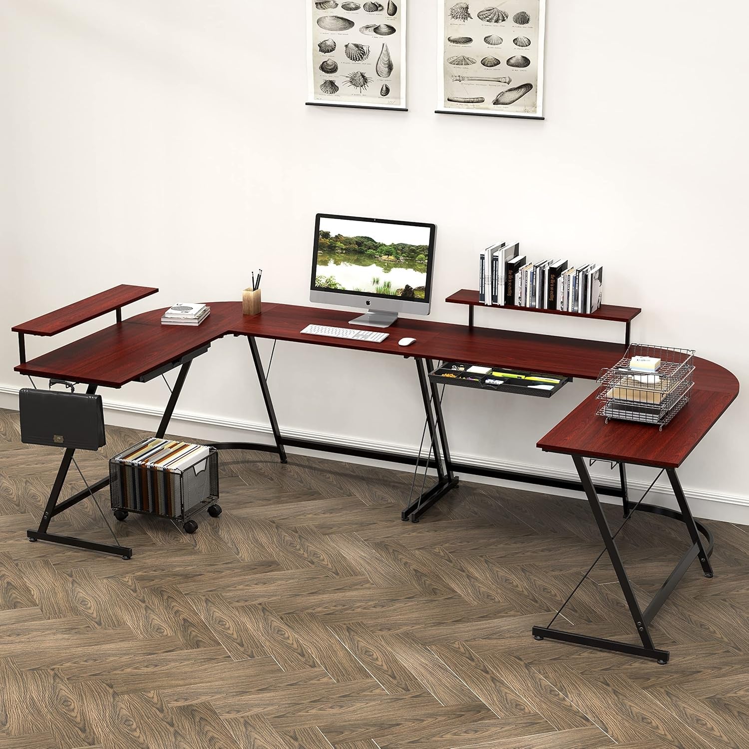 Vista L Shape Desk With Adjustable Monitor Stand Cherry-1