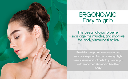 Woman touching neck on teal leafy background, text promoting ergonomic massage benefits.