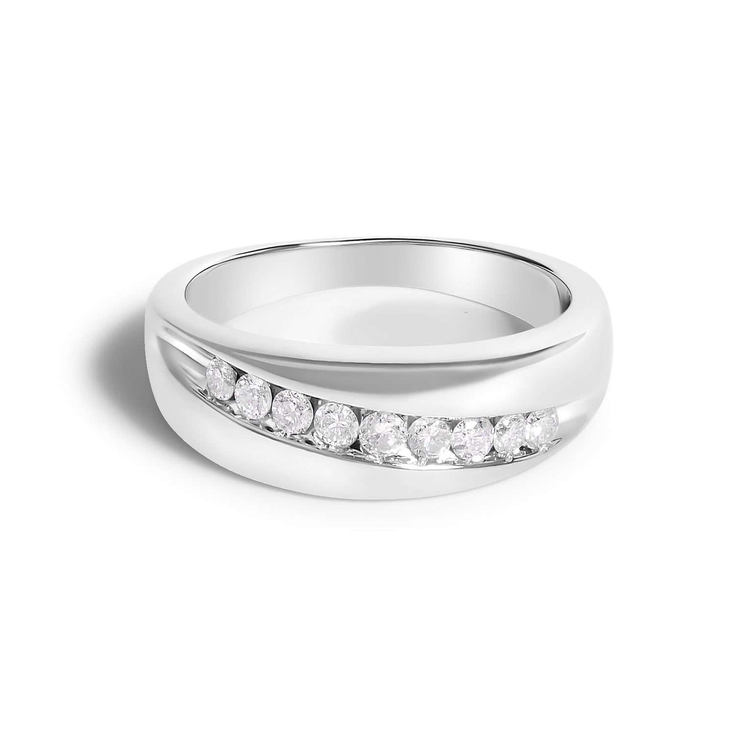 Silver ring with a smooth band, featuring a row of small, sparkling diamonds diagonally embedded.