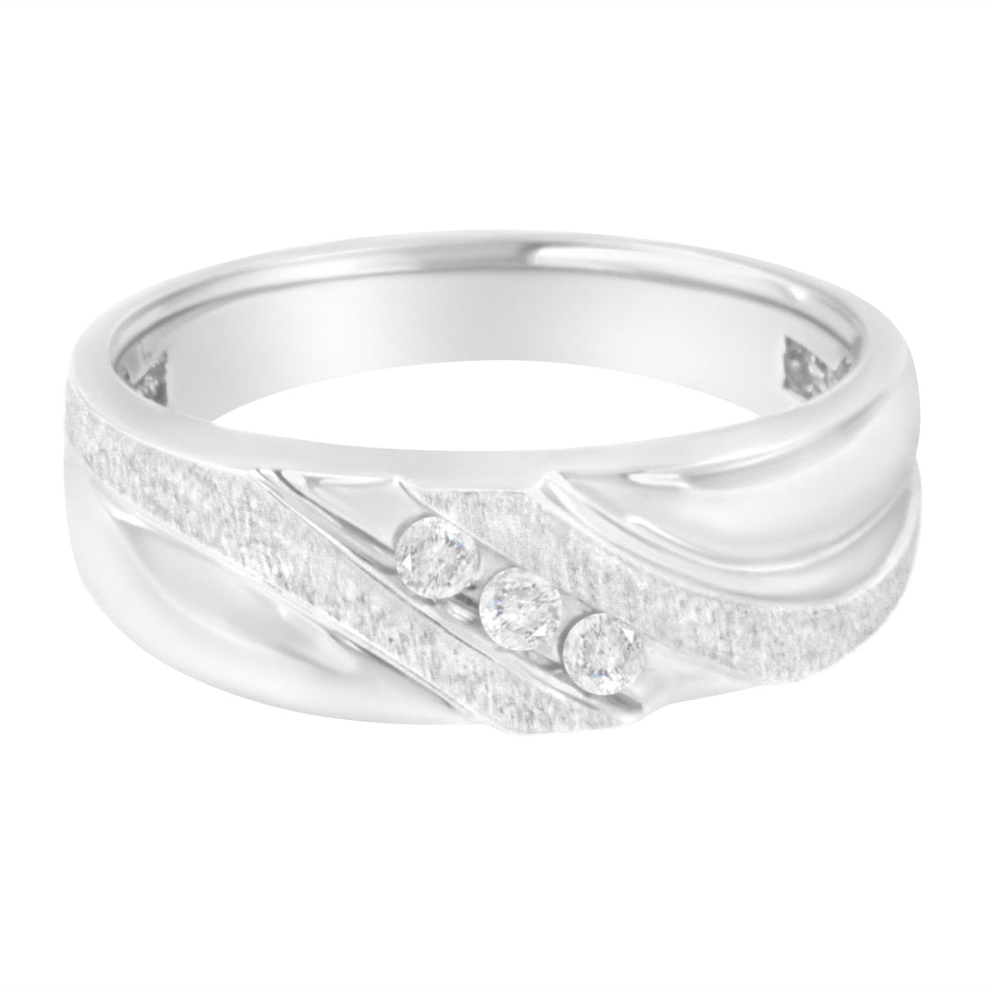 Silver ring with three small round diamonds, textured diagonal band, and polished finish.