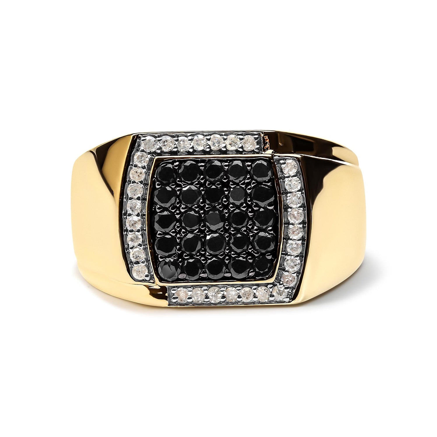 Gold ring with black gemstones set in a square, bordered by small clear crystals.