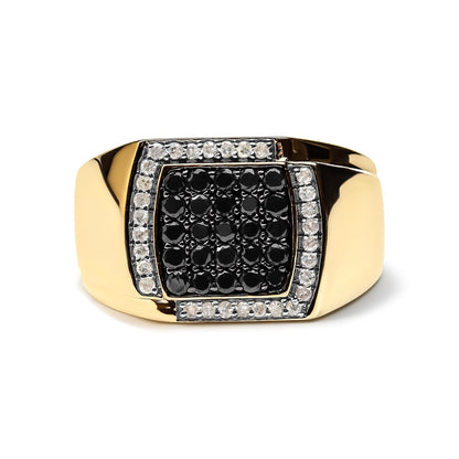 Gold ring with black gemstones set in a square, bordered by small clear crystals.