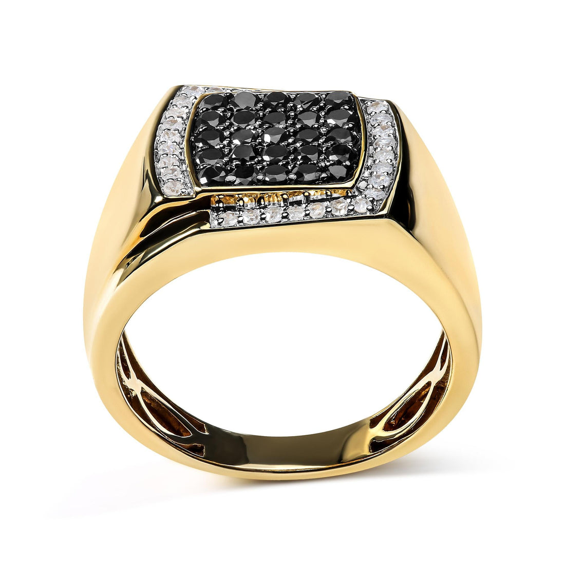 Gold ring with black gemstones in a square cluster, surrounded by small clear stones.