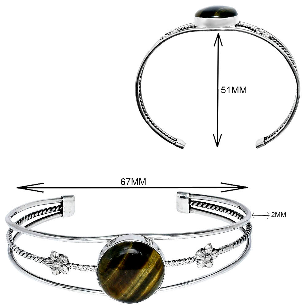 Silver bracelet with a central brown stone, floral accents, and measurements of 51mm by 67mm.
