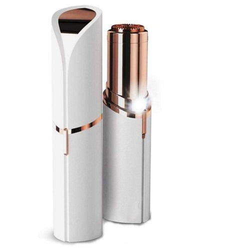 White and rose gold lipstick-shaped hair remover with a sleek, cylindrical design.