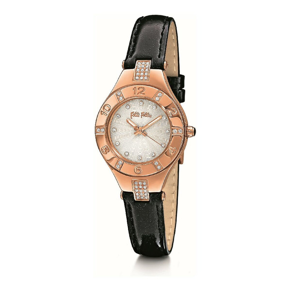 Elegant watch with a rose gold case, crystal accents, pearl face, and black leather strap.