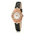 Elegant watch with a rose gold case, crystal accents, pearl face, and black leather strap.