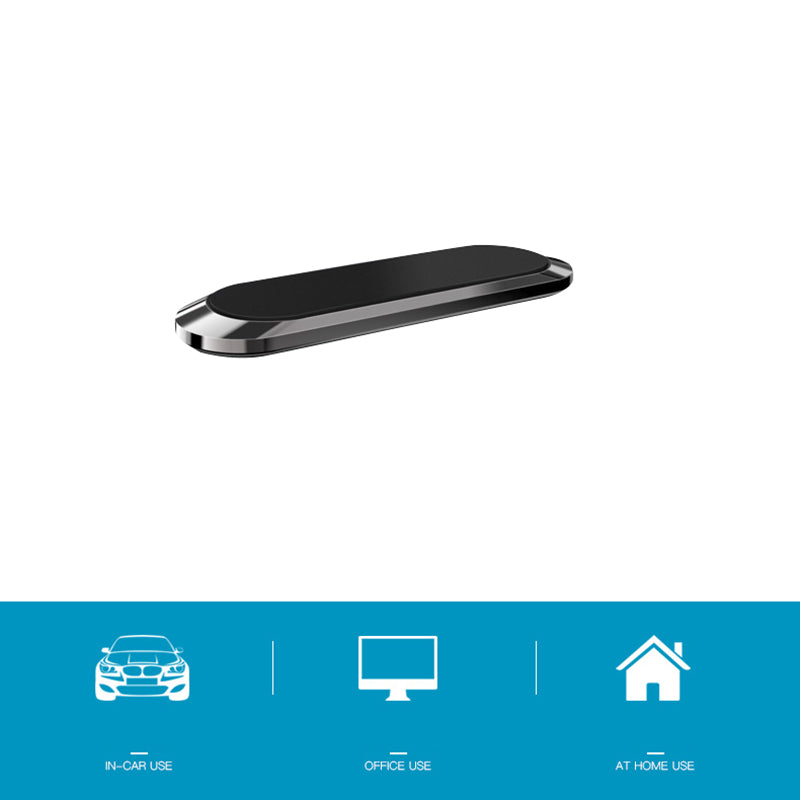 Black oval device on white, blue icons below for in-car, office, and home use.