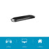 Black oval device on white, blue icons below for in-car, office, and home use.