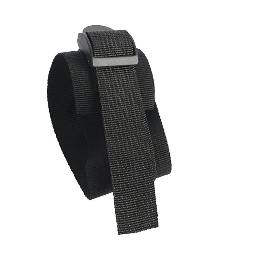 Black adjustable nylon strap with a buckle, forming a loop, set against a white background.