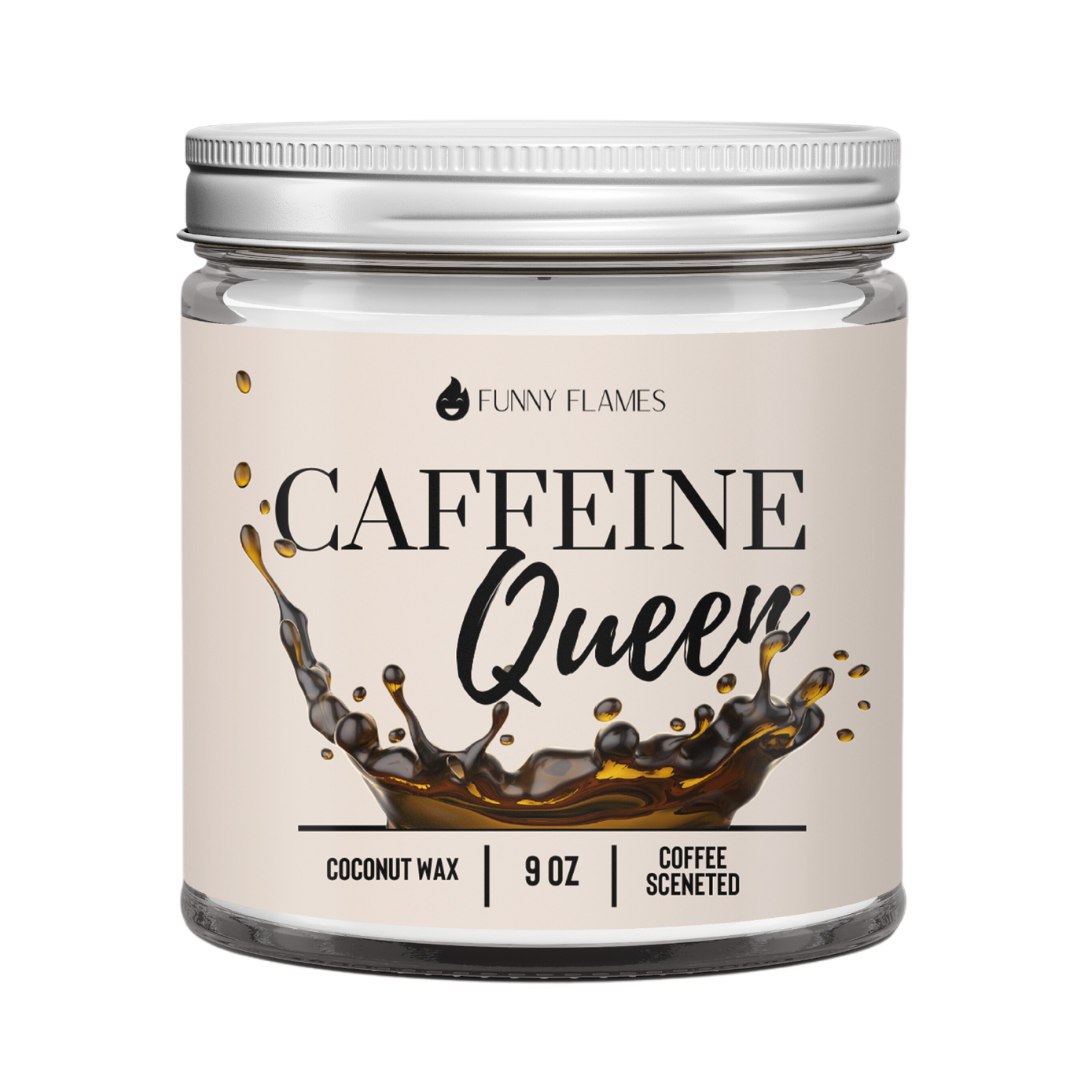 A jar candle with a silver lid, labeled "Caffeine Queen," features a coffee splash design.