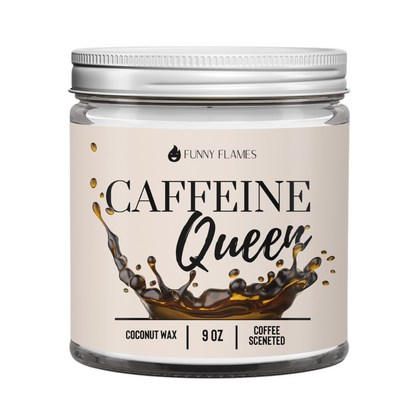 A jar candle with a silver lid, labeled "Caffeine Queen," features a coffee splash design.