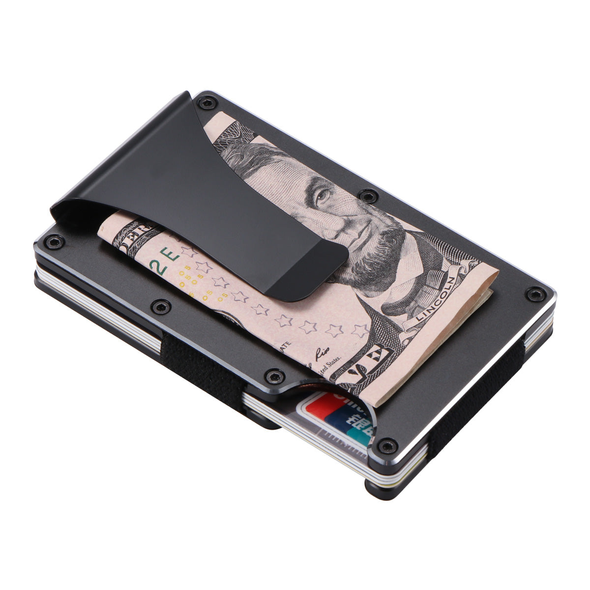 Black metal wallet with a money clip holding a folded five-dollar bill and cards; sleek design.