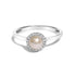 Silver ring with central pearl and surrounding diamonds on a plain white background.