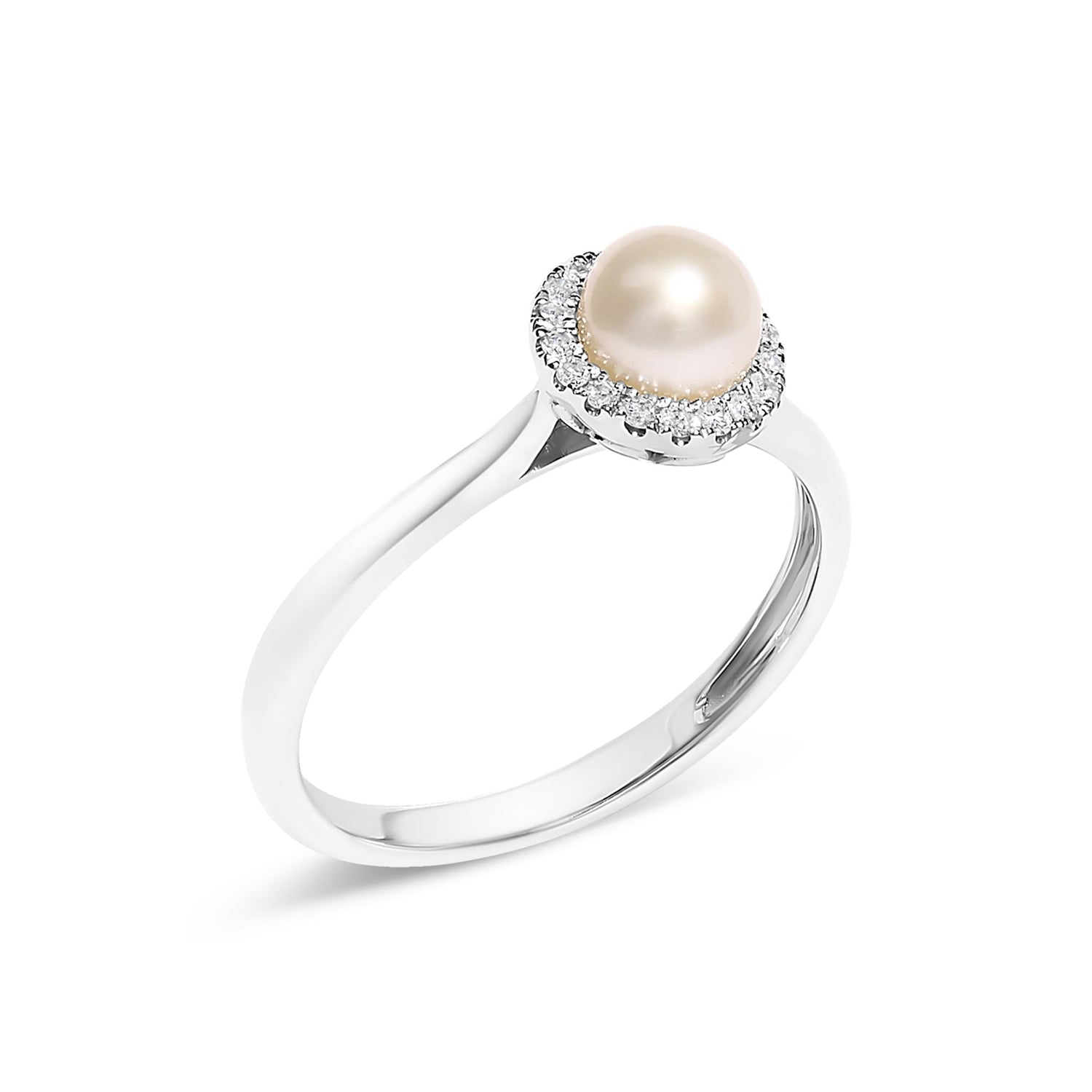 Silver ring with a single pearl, encircled by small diamonds, on a plain white background.