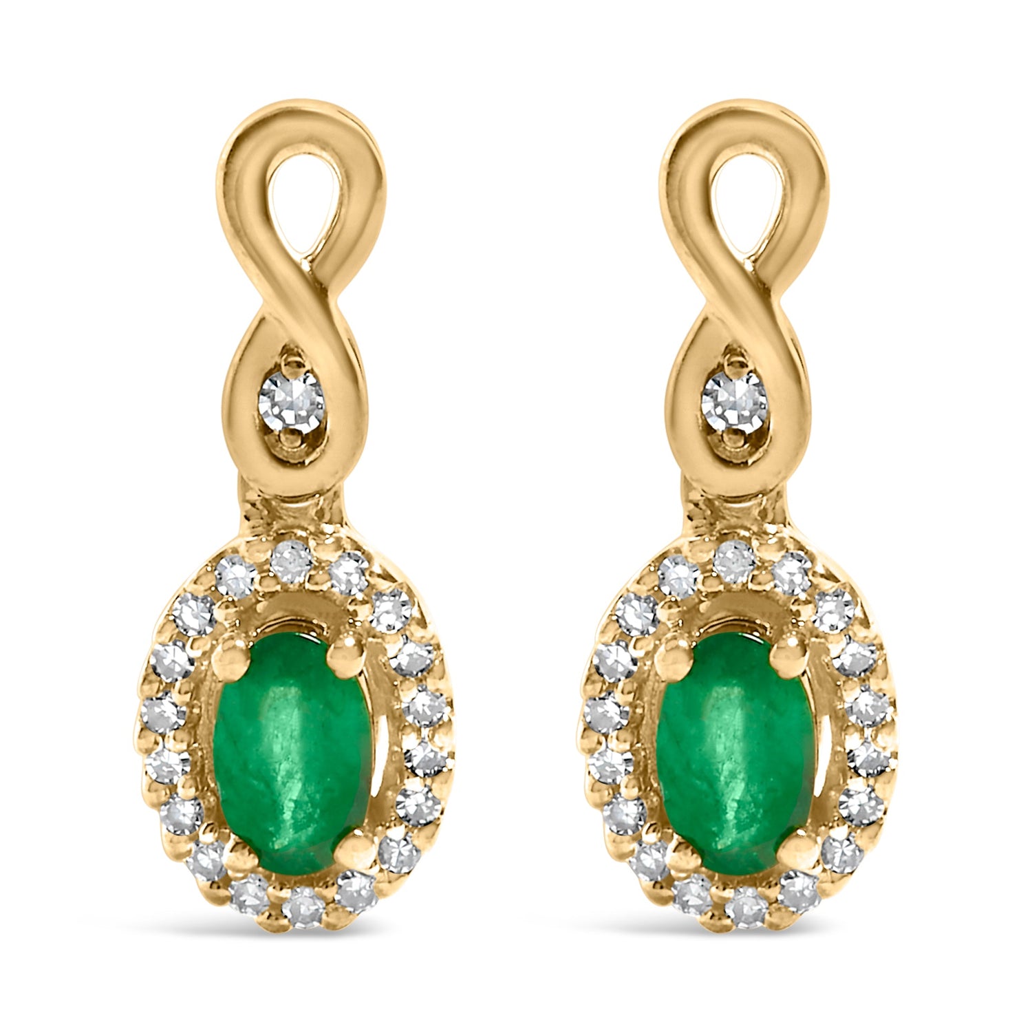 Gold earrings with green oval stones, diamond accents, and looped top design.