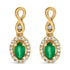 Gold earrings with green oval stones, diamond accents, and looped top design.