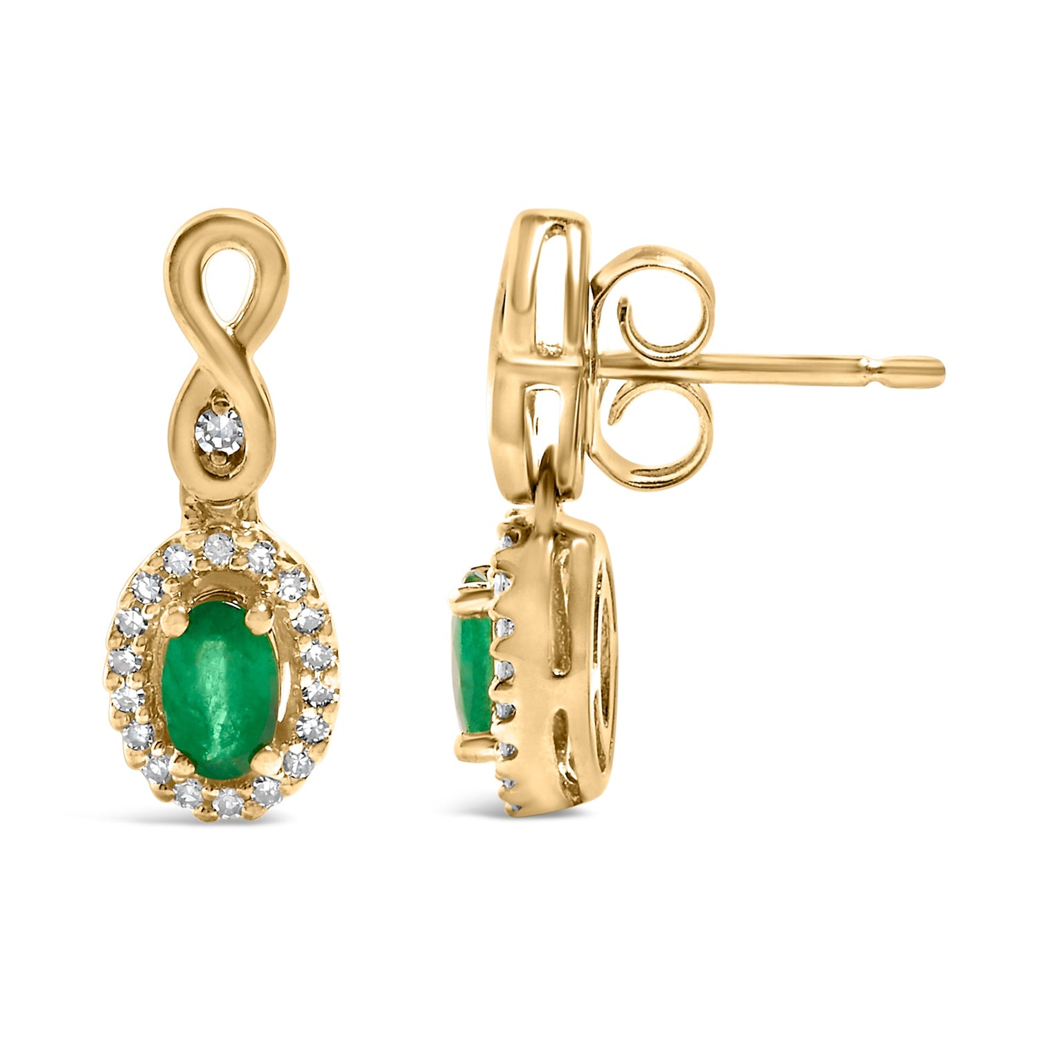Gold earrings with green oval gem and halo of small white stones, featuring an infinity loop design.