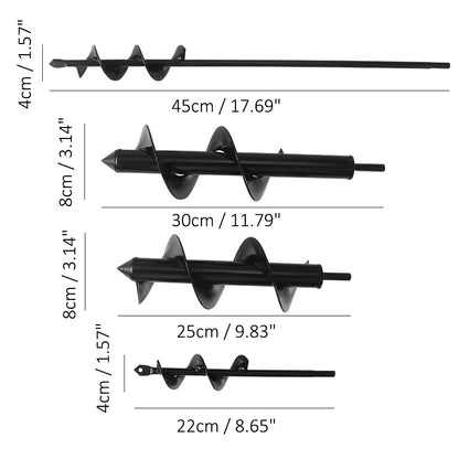 Four black metal auger bits of varying lengths and diameters with measurements labeled.