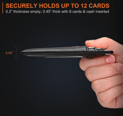 A hand holds a slim black leather wallet, measuring 0.45 inches thick, against a dark background.
