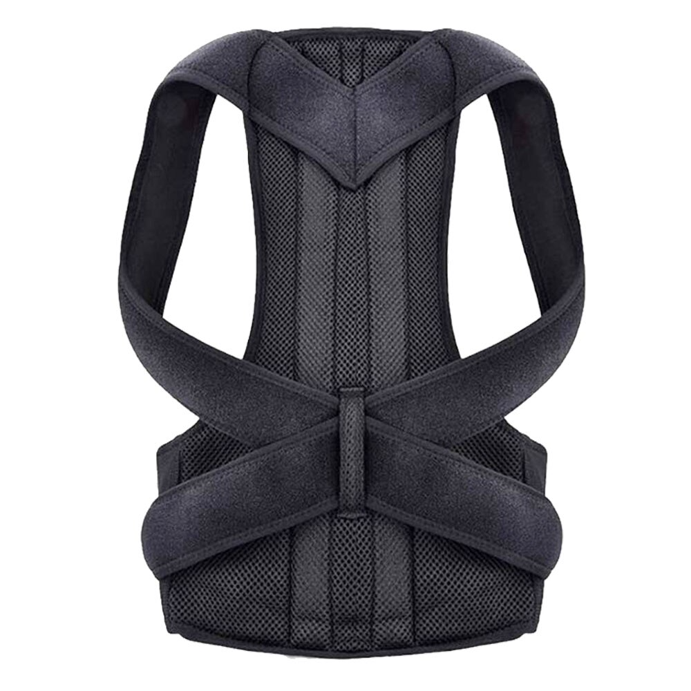 Black posture corrector vest with adjustable straps and breathable mesh fabric.