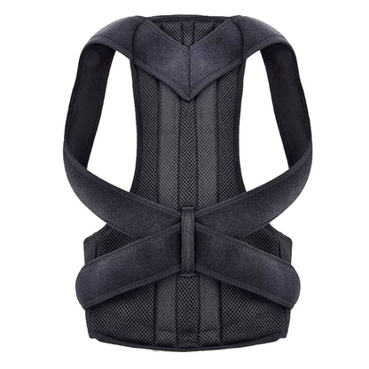 Black posture corrector vest with adjustable straps and breathable mesh fabric.