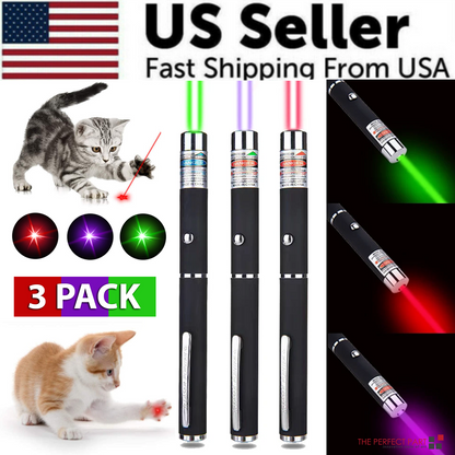 Three laser pointers in black emit green, purple, and red beams; kittens play with laser dots.