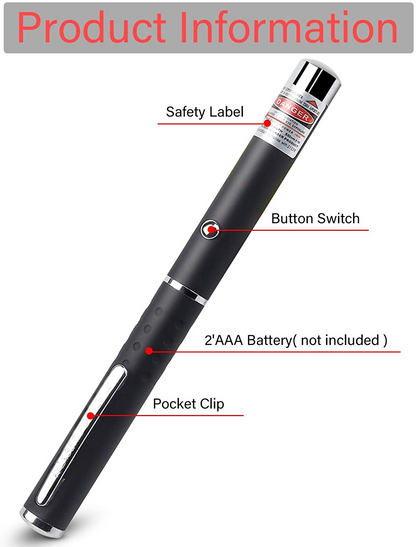 Black laser pointer with silver details, button switch, safety label, and pocket clip.