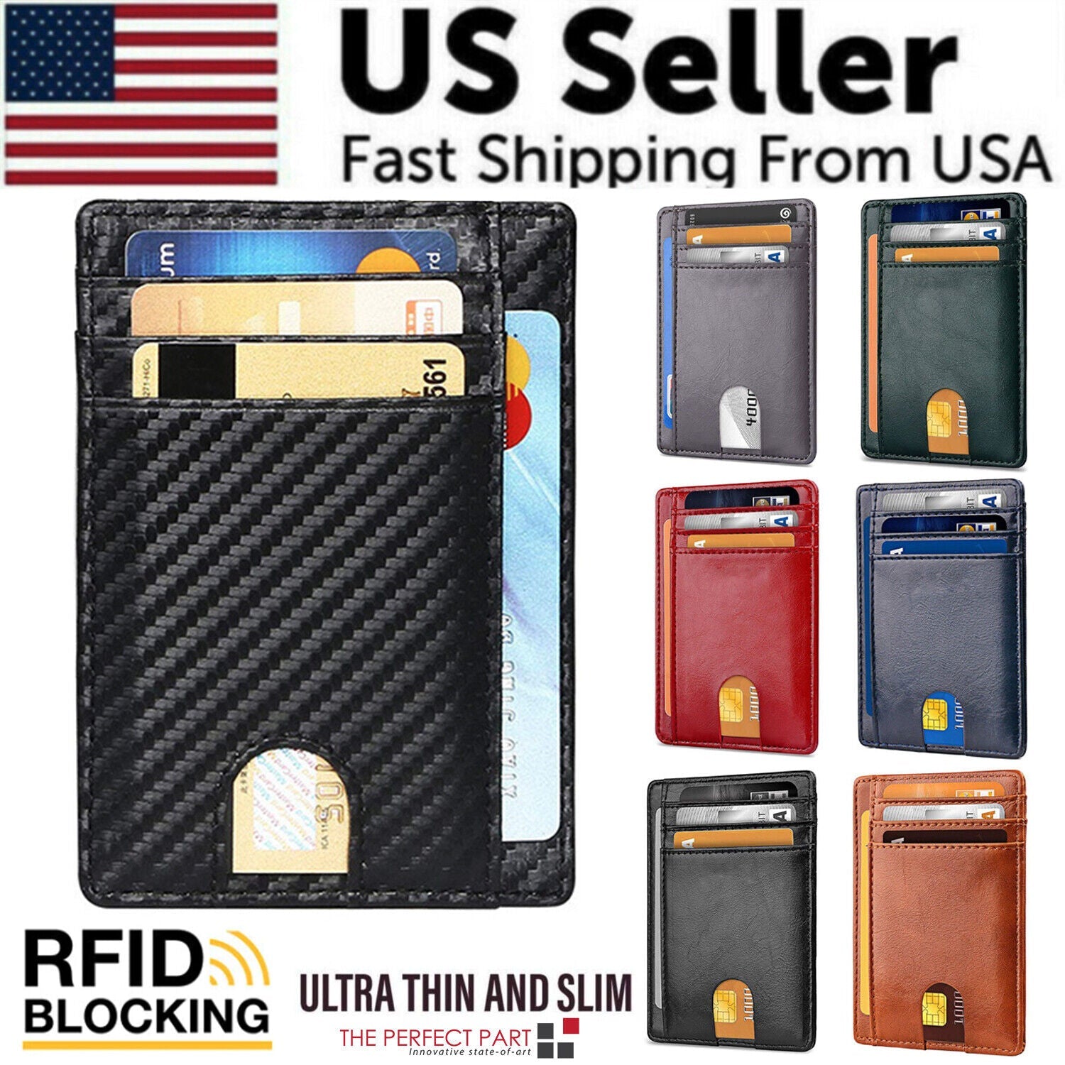 Carbon fiber RFID blocking cardholder with cards, available in black, grey, green, red, blue, brown.