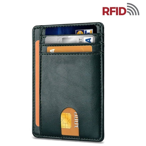 Black leather RFID card holder with multiple slots filled with colorful credit cards.