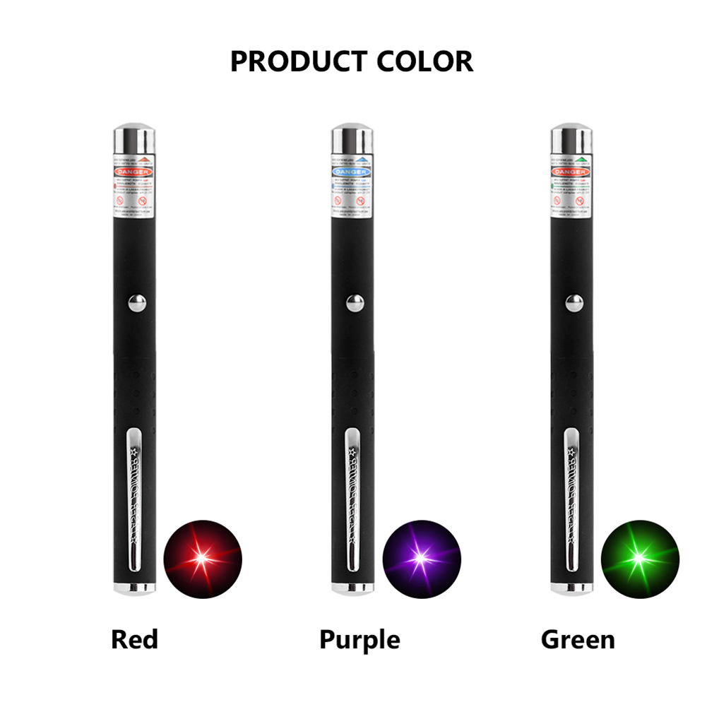 Three black laser pointers: red, purple, and green lights beneath labels.