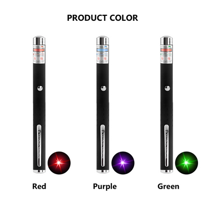 Three black laser pointers: red, purple, and green lights beneath labels.