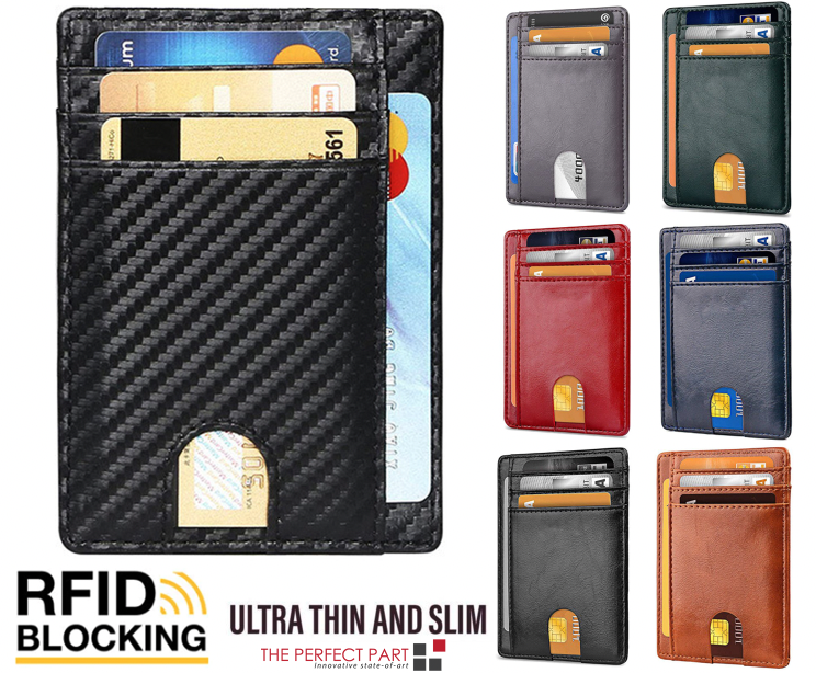 Carbon fiber wallet displaying cards, multiple color options: black, gray, green, red, blue, brown.
