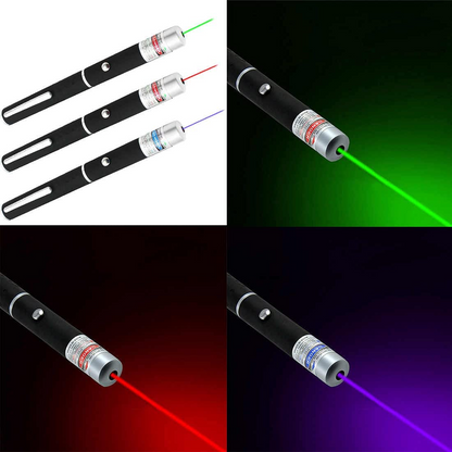Three laser pointers with beams: green, red, and purple on dark backgrounds. Black and silver design.