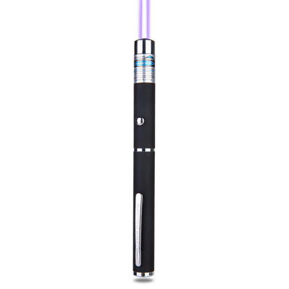 Black laser pointer with a purple beam, chrome button, and clip on a white background.
