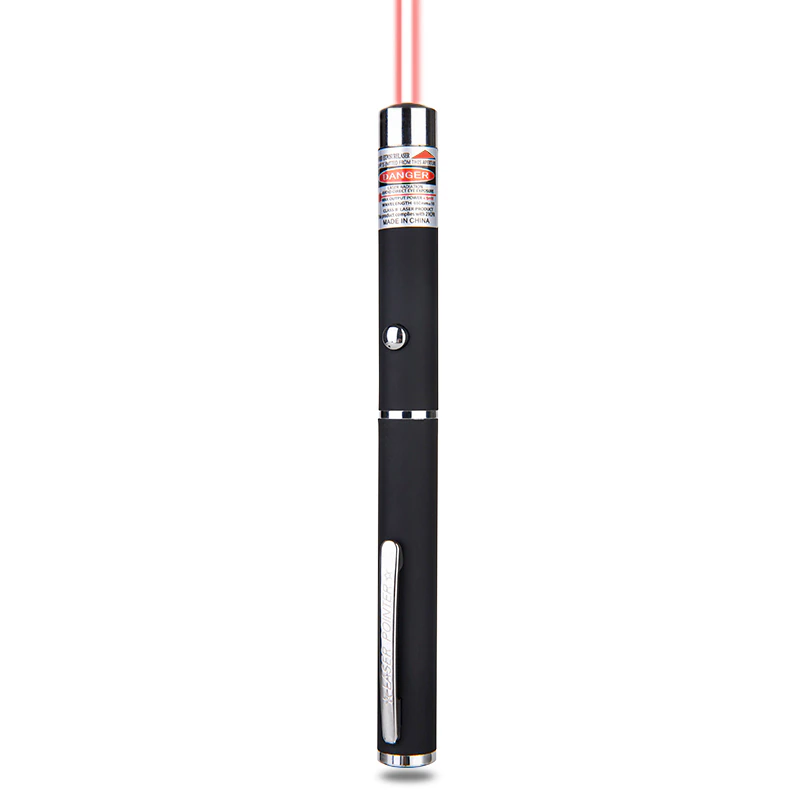 A black laser pointer emitting a red beam, with a metallic clip and warning label.