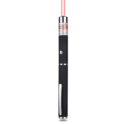 A black laser pointer emitting a red beam, with a metallic clip and warning label.