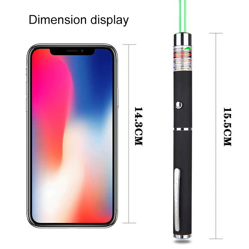 Smartphone and laser pointer comparison; measurements: 14.3cm for phone, 15.5cm for pointer.