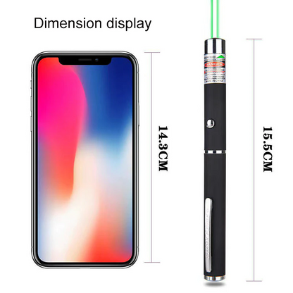Smartphone and laser pointer comparison; measurements: 14.3cm for phone, 15.5cm for pointer.